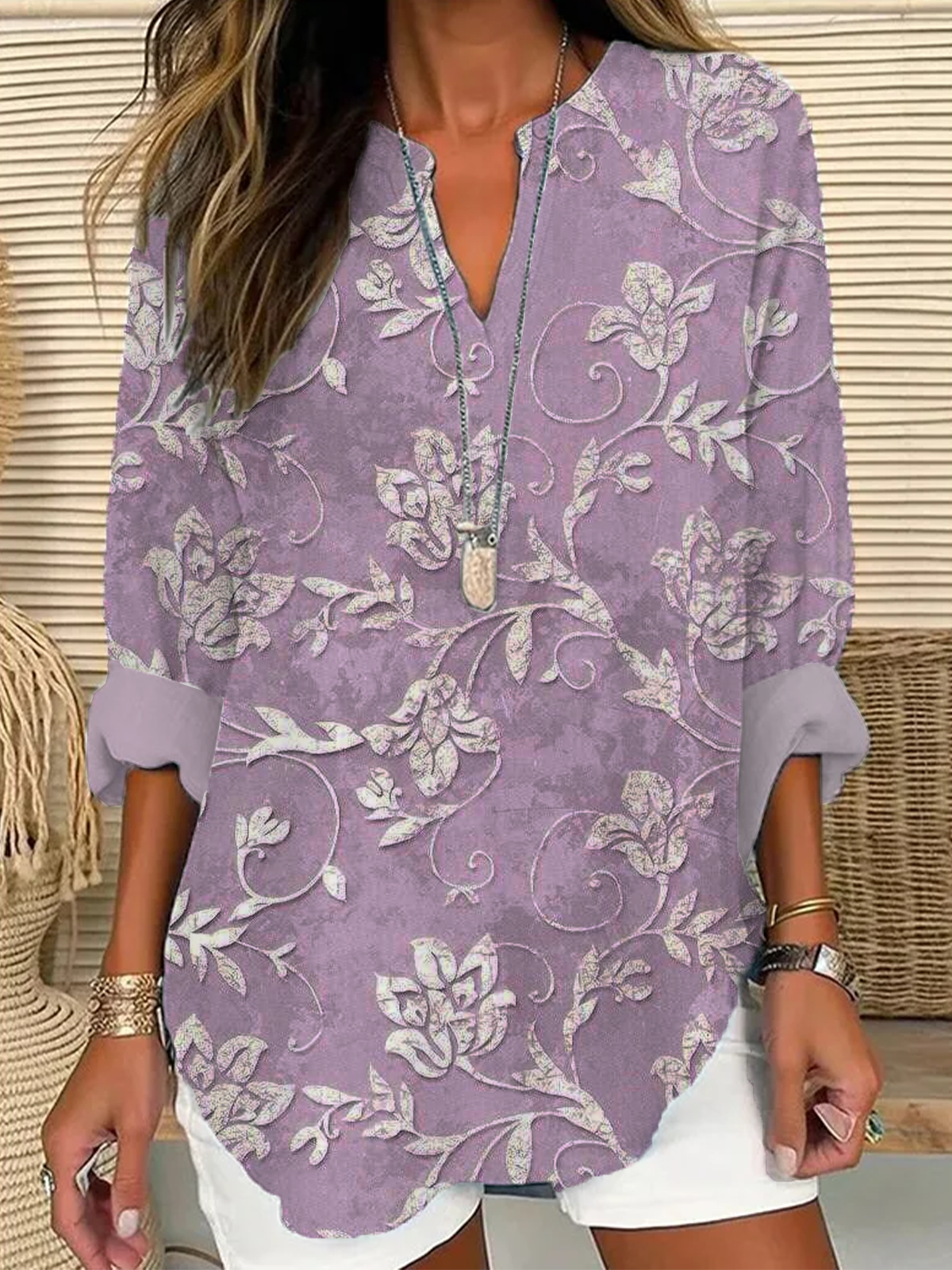 Women's Floral Print Casual V-Neck Shirt