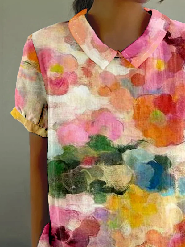 Shawl Collar Gradient Pattern Loose Casual T-Shirt