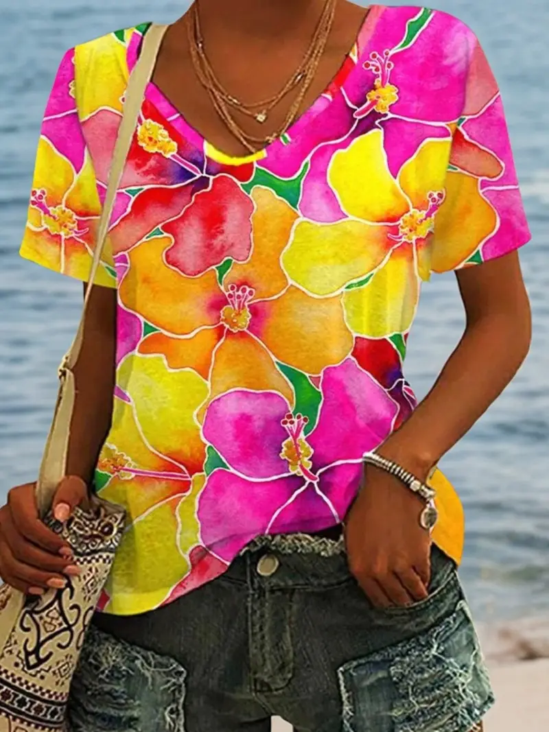 Floral V Neck Cotton Casual T-Shirt