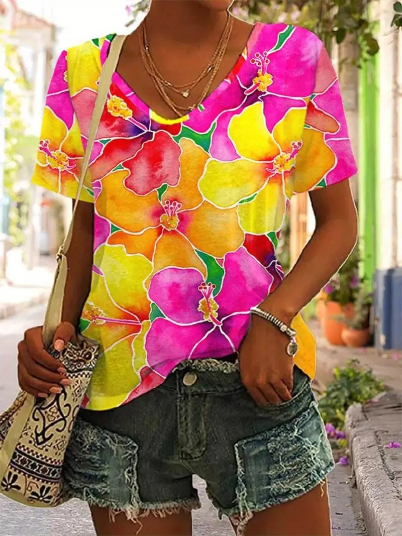 Floral V Neck Cotton Casual T-Shirt