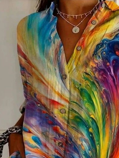 Women's Long Sleeve Shirt Spring/Fall As Picture Abstract Buckle Shirt Collar Daily Going Out Casual Top