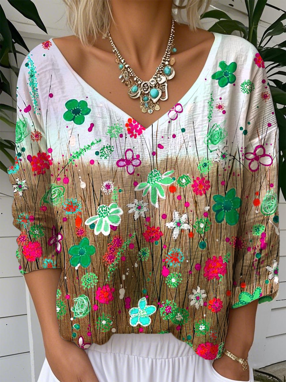 Loose V Neck Floral Casual T-Shirt