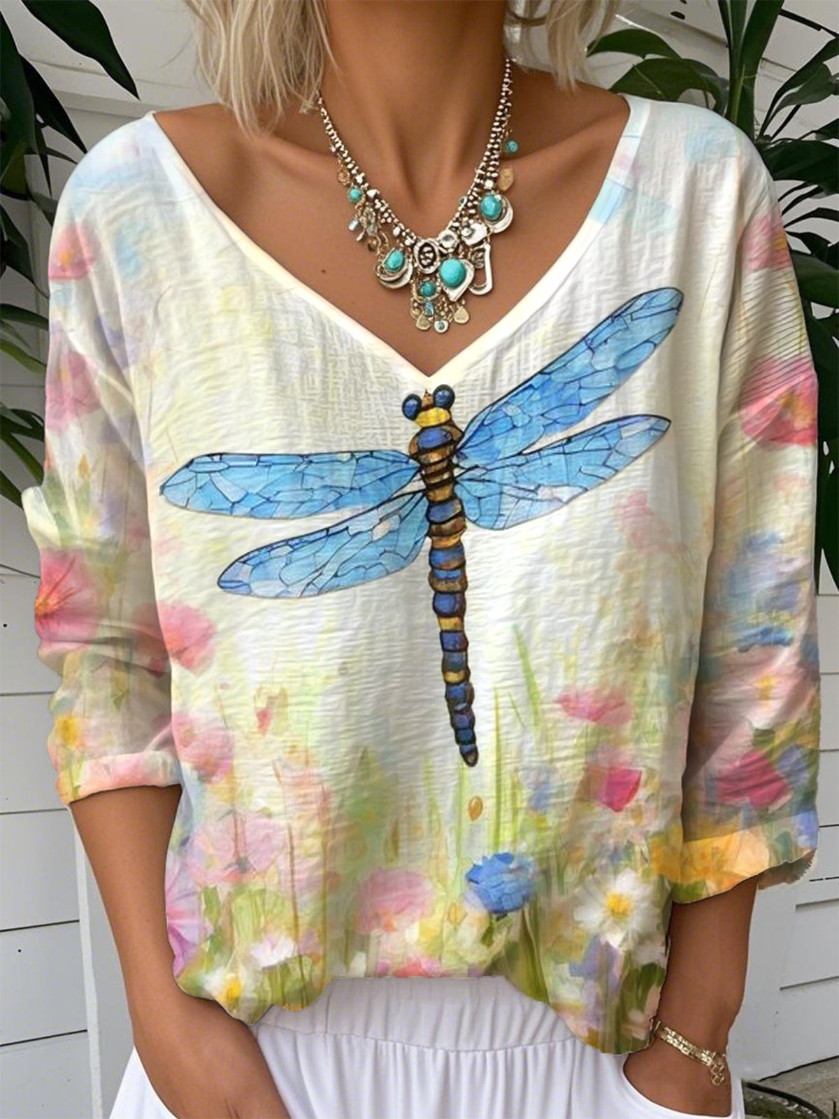 Loose Casual V Neck Dragonfly T-Shirt
