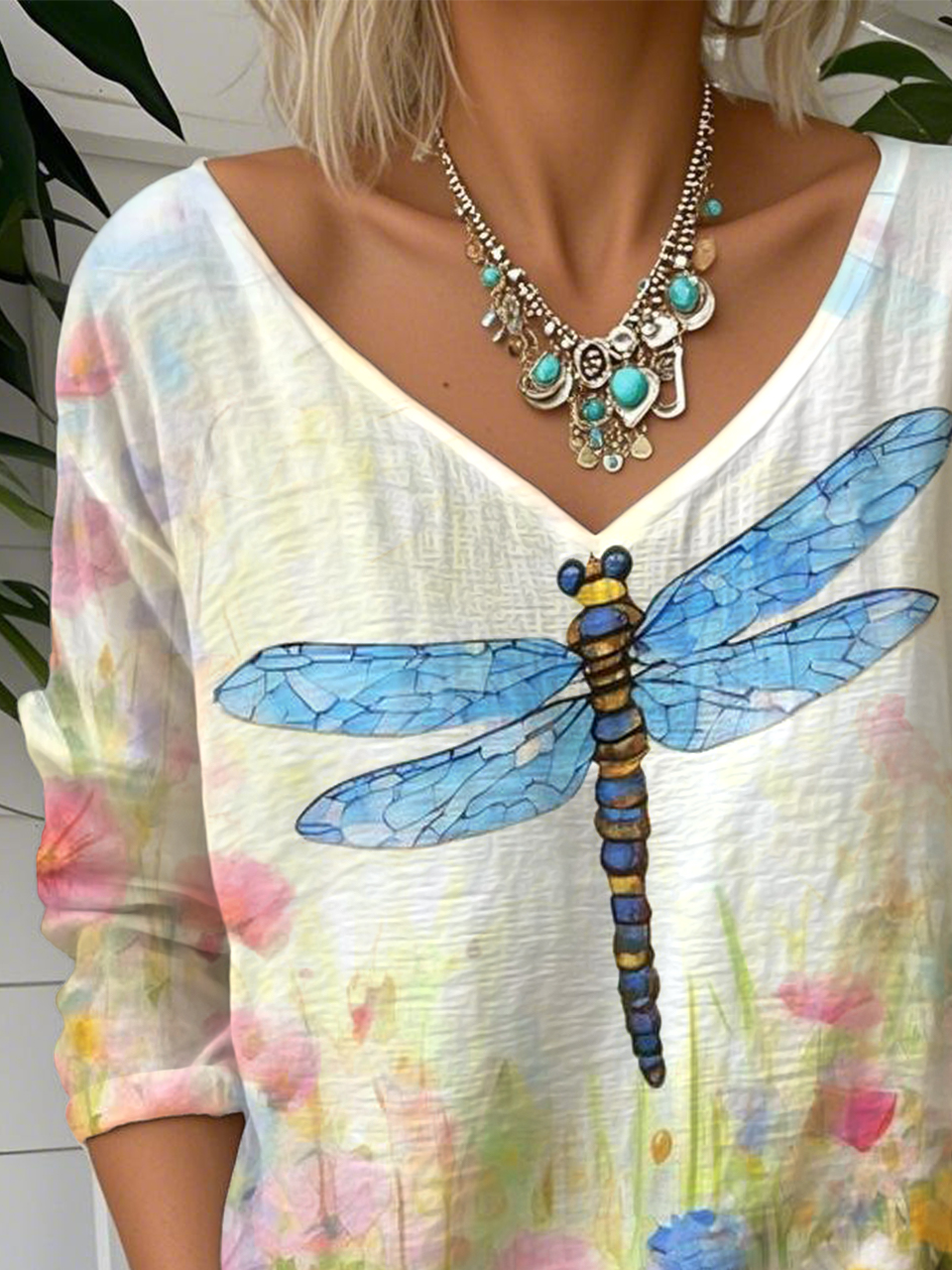 Loose Casual V Neck Dragonfly T-Shirt