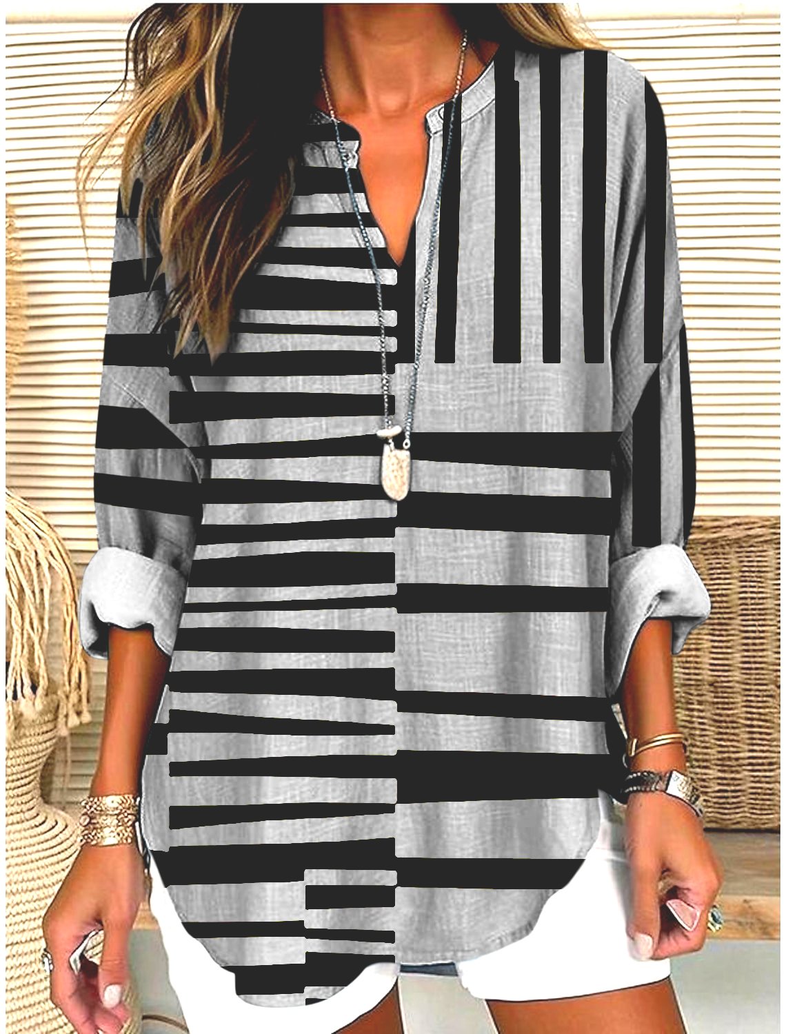 Casual Geometric Cotton V Neck Shirt