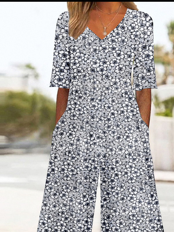 Vintage Floral V Neck Jumpsuit