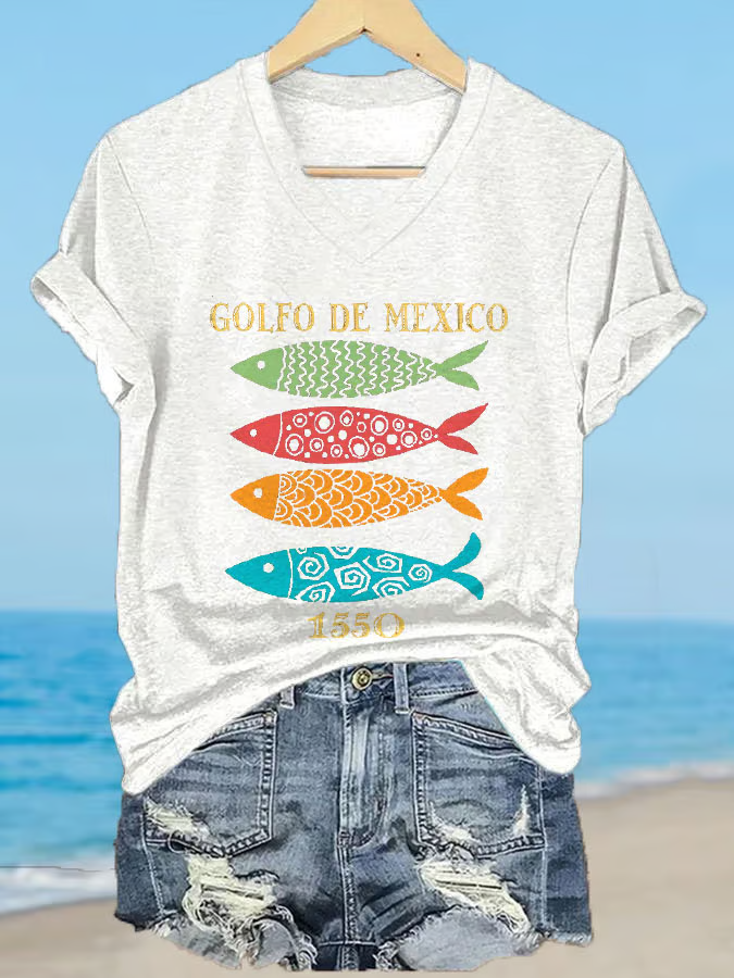Women's Gulf of Mexico Print V-Neck T-Shirt