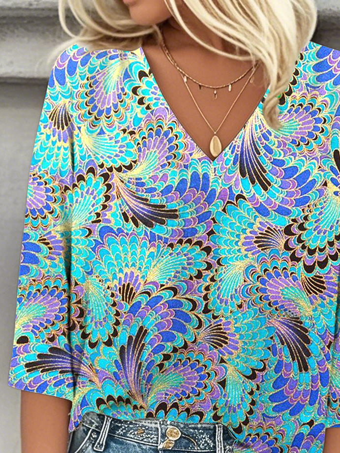 V Neck Casual Ombre Loose Blouse