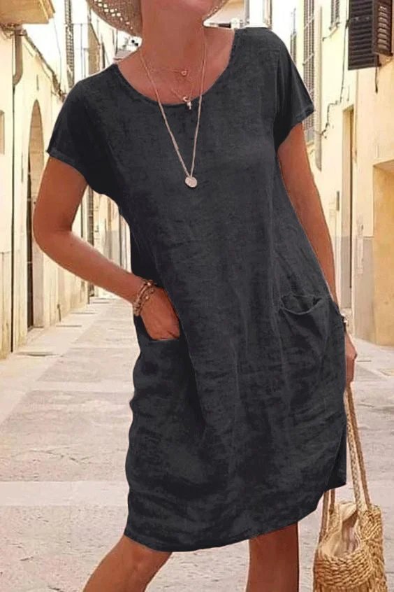 Casual Solid Color Patchwork Pocket Short Sleeve Dress