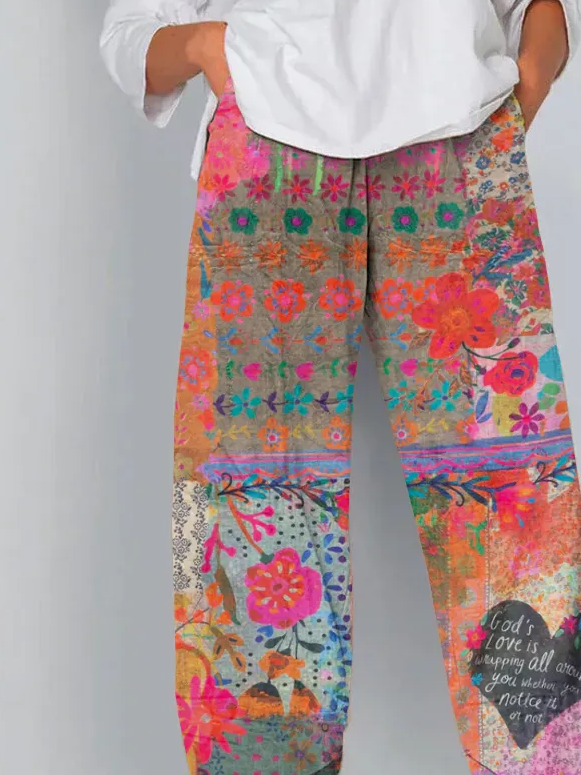 Vintage Floral Art Cropped Casual Pants