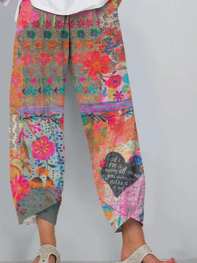 Vintage Floral Art Cropped Casual Pants