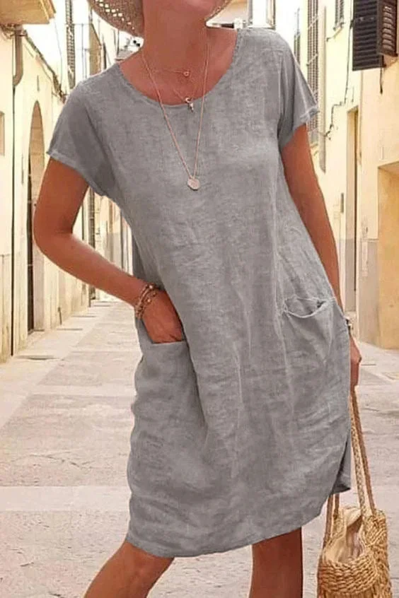 Casual Solid Color Patchwork Pocket Short Sleeve Dress