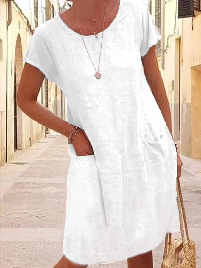 Casual Solid Color Patchwork Pocket Short Sleeve Dress