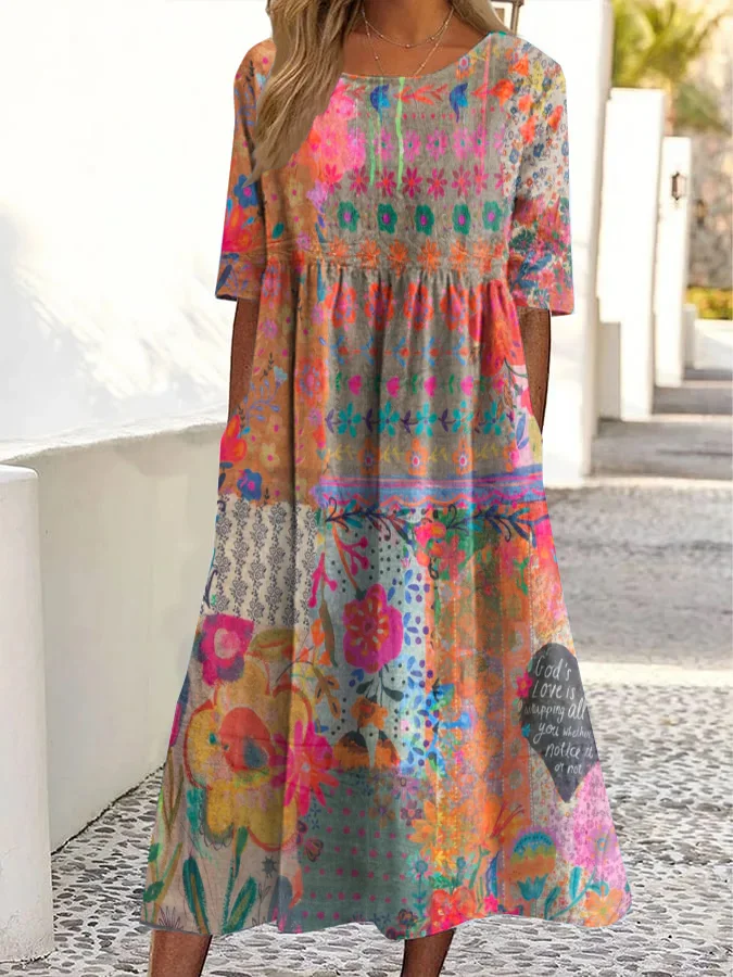 Vintage Floral Heart Print Round Neck Pocket Midi Dress
