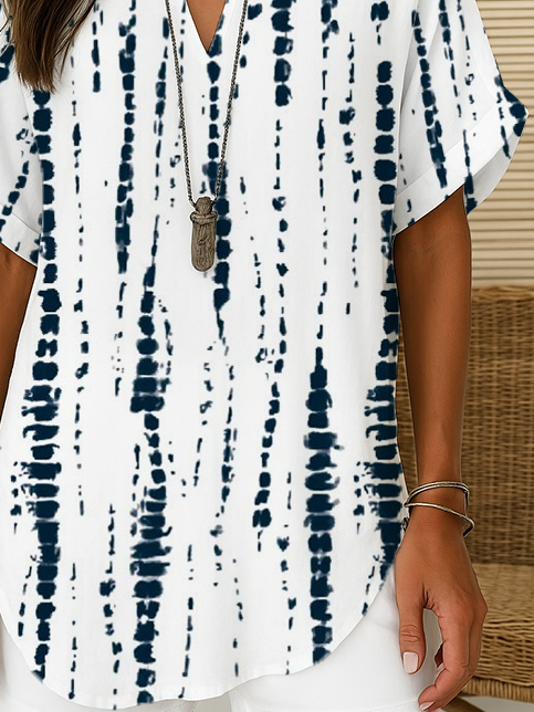 Women's Striped Printed Casual V-Neck Short Sleeve Shirt