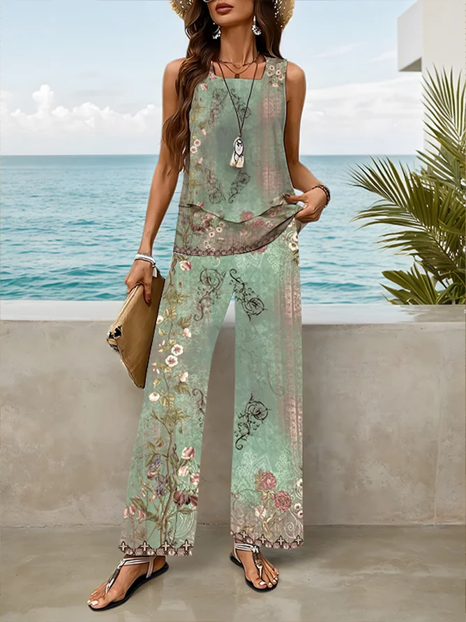 Women's Floral Print Casual Suspender Pants Two-Piece Set