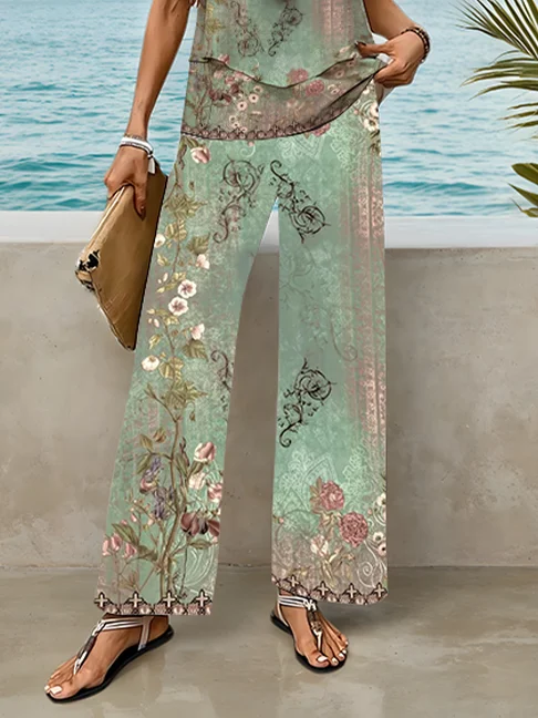 Women's Floral Print Casual Suspender Pants Two-Piece Set