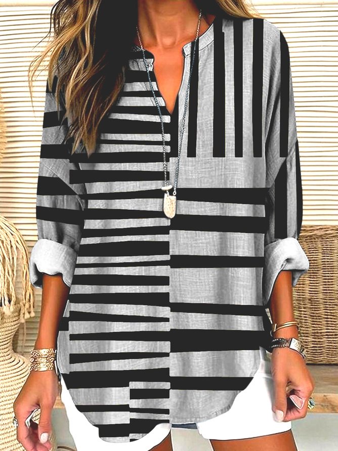 Casual Geometric Cotton V Neck Shirt