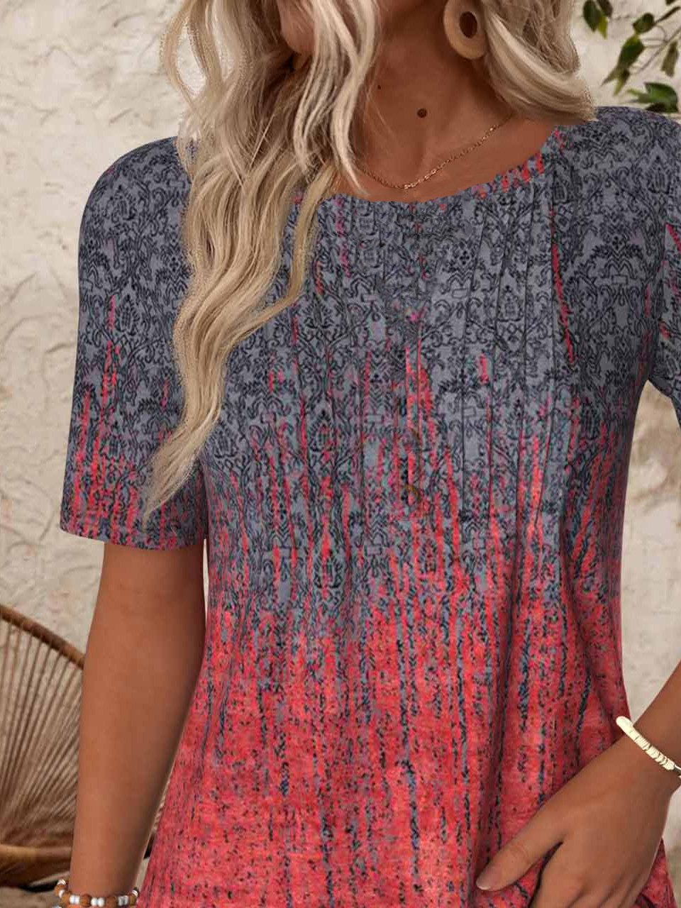 Loose Crew Neck Gradient Pattern Casual T-Shirt