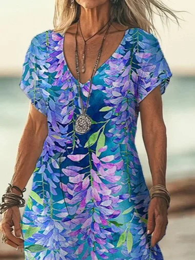 Women's Floral Print Casual V-Neck Short Sleeve Dress