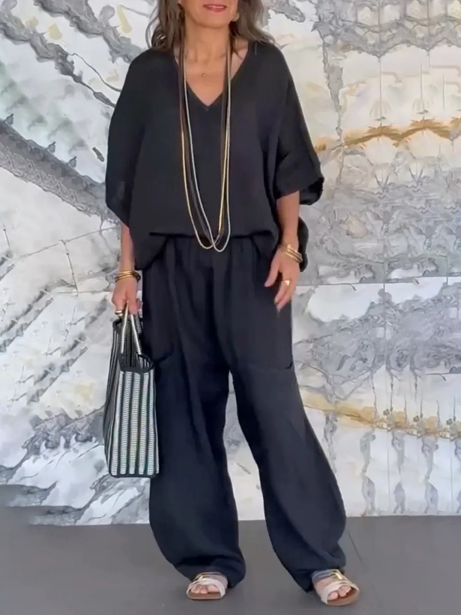 Casual Plain V Neck Two-Piece Set