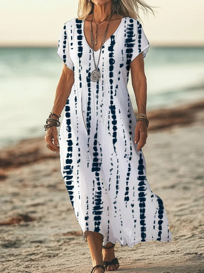 Women's Striped Print Casual V-Neck Short Sleeve Dress