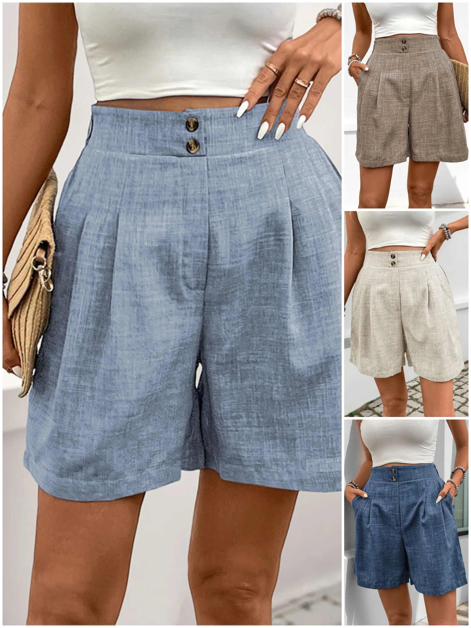2025 New European and American Loose Casual Pants Cross-border Button Decoration Solid Color High Waist Straight Shorts Women