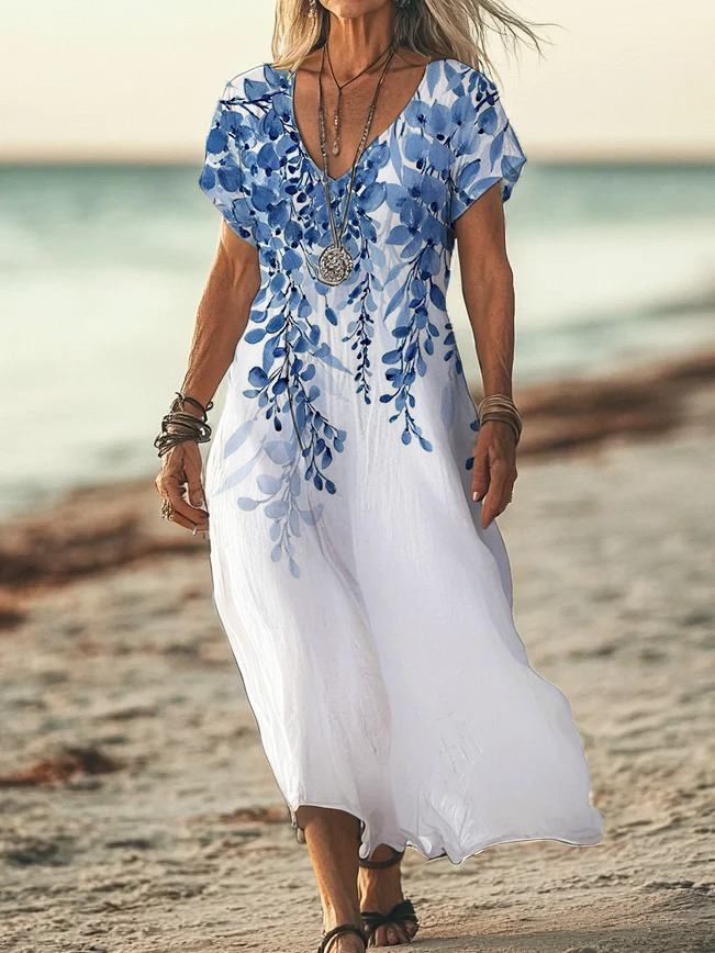 Women's Floral Print Casual V-Neck Short Sleeve Dress