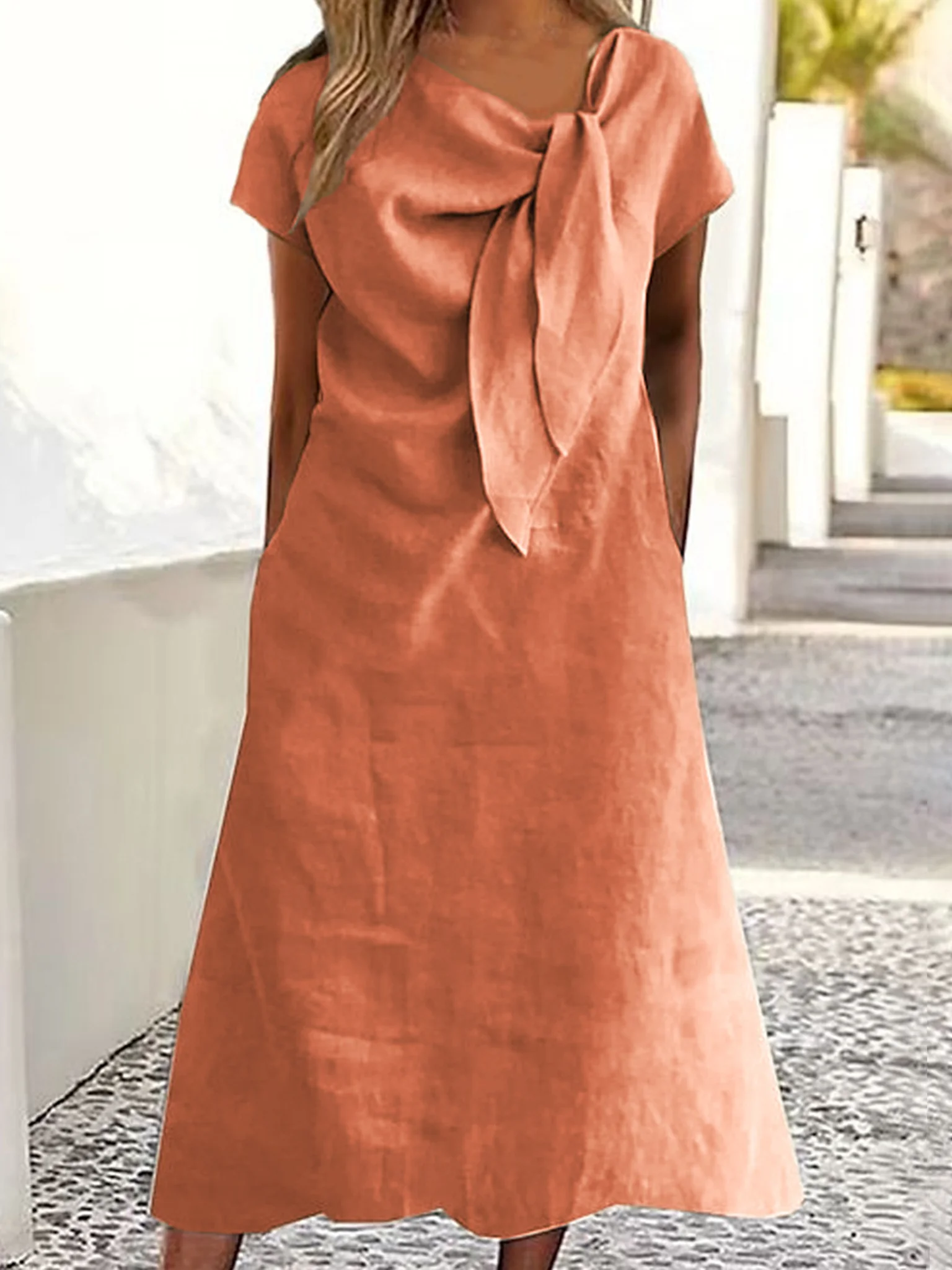 Casual Plain Knot Front Midi Dress