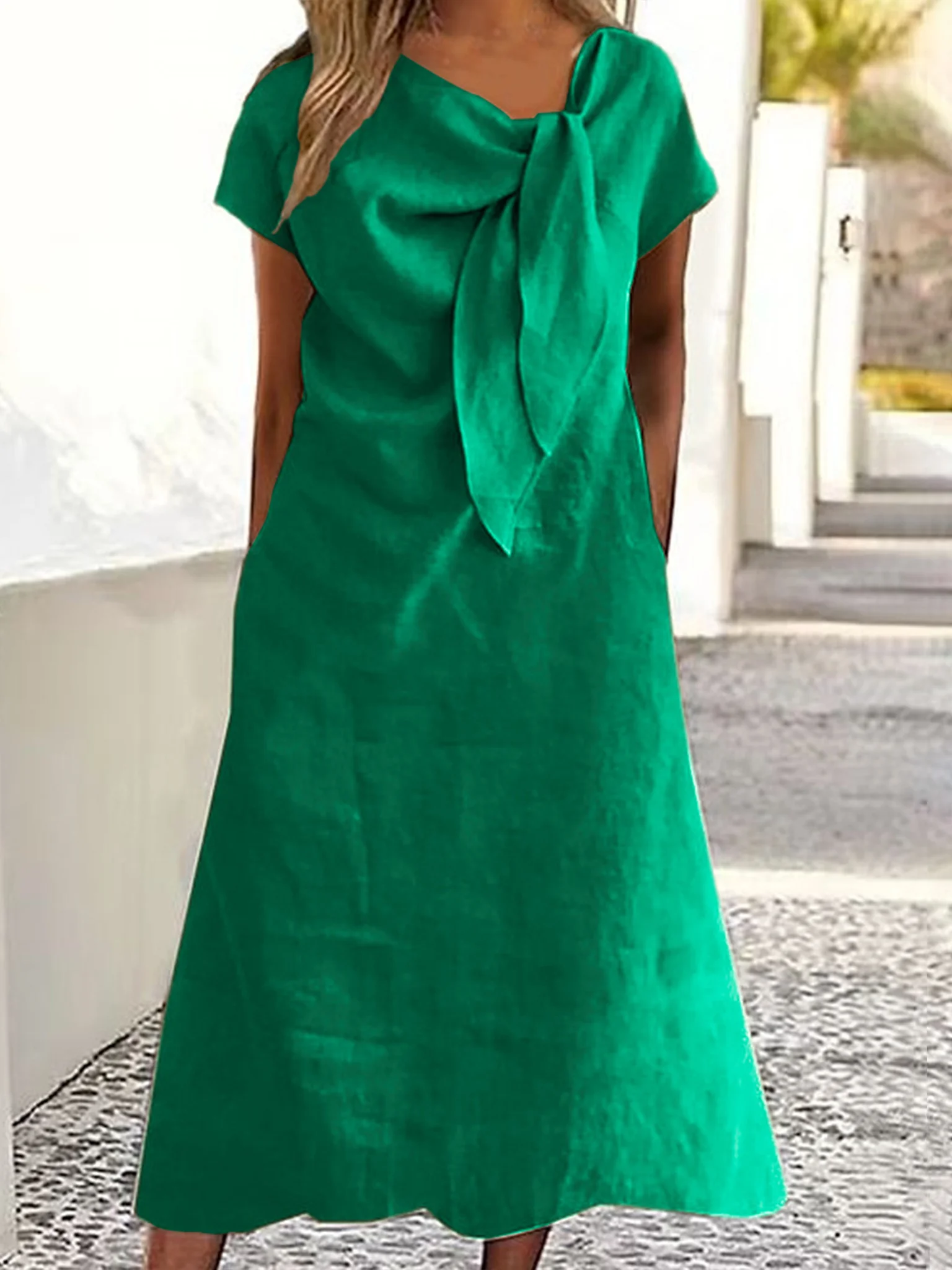 Casual Plain Knot Front Midi Dress