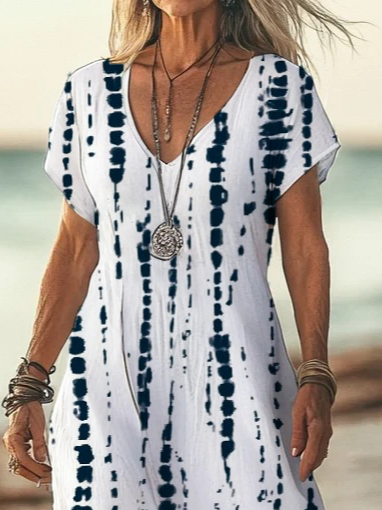 Women's Striped Print Casual V-Neck Short Sleeve Dress
