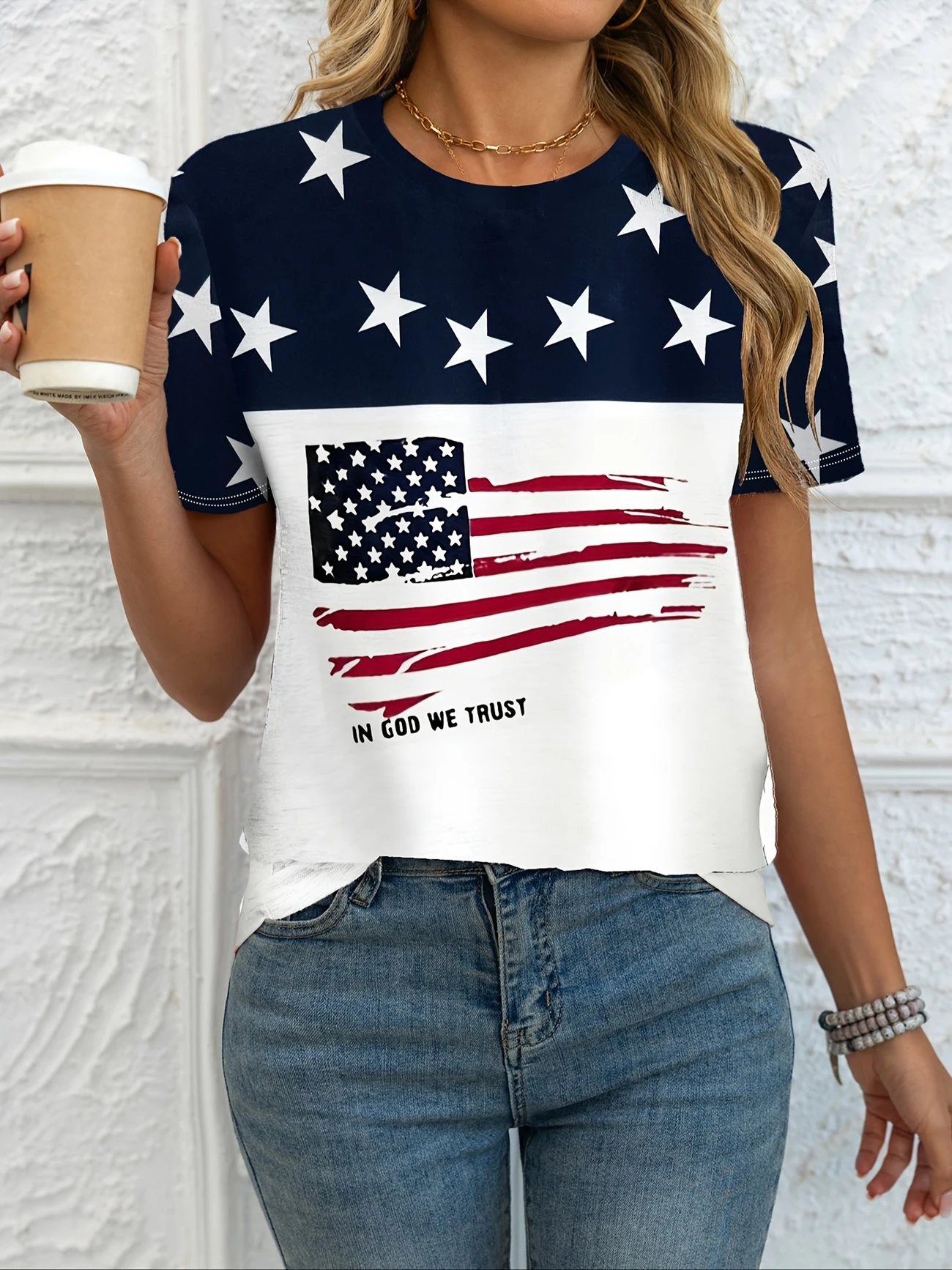 Women's In God We Trust Printed Casual Round Neck Short Sleeve T-Shirt
