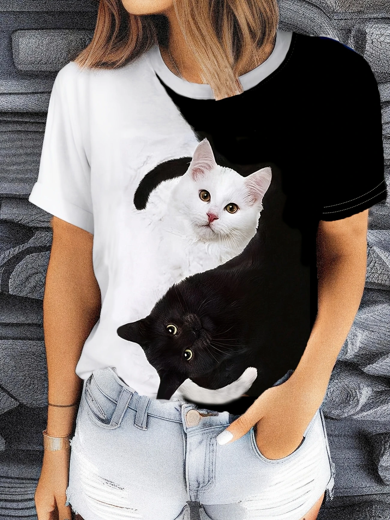 Women's Cat Print Casual Round Neck Short Sleeve T-Shirt