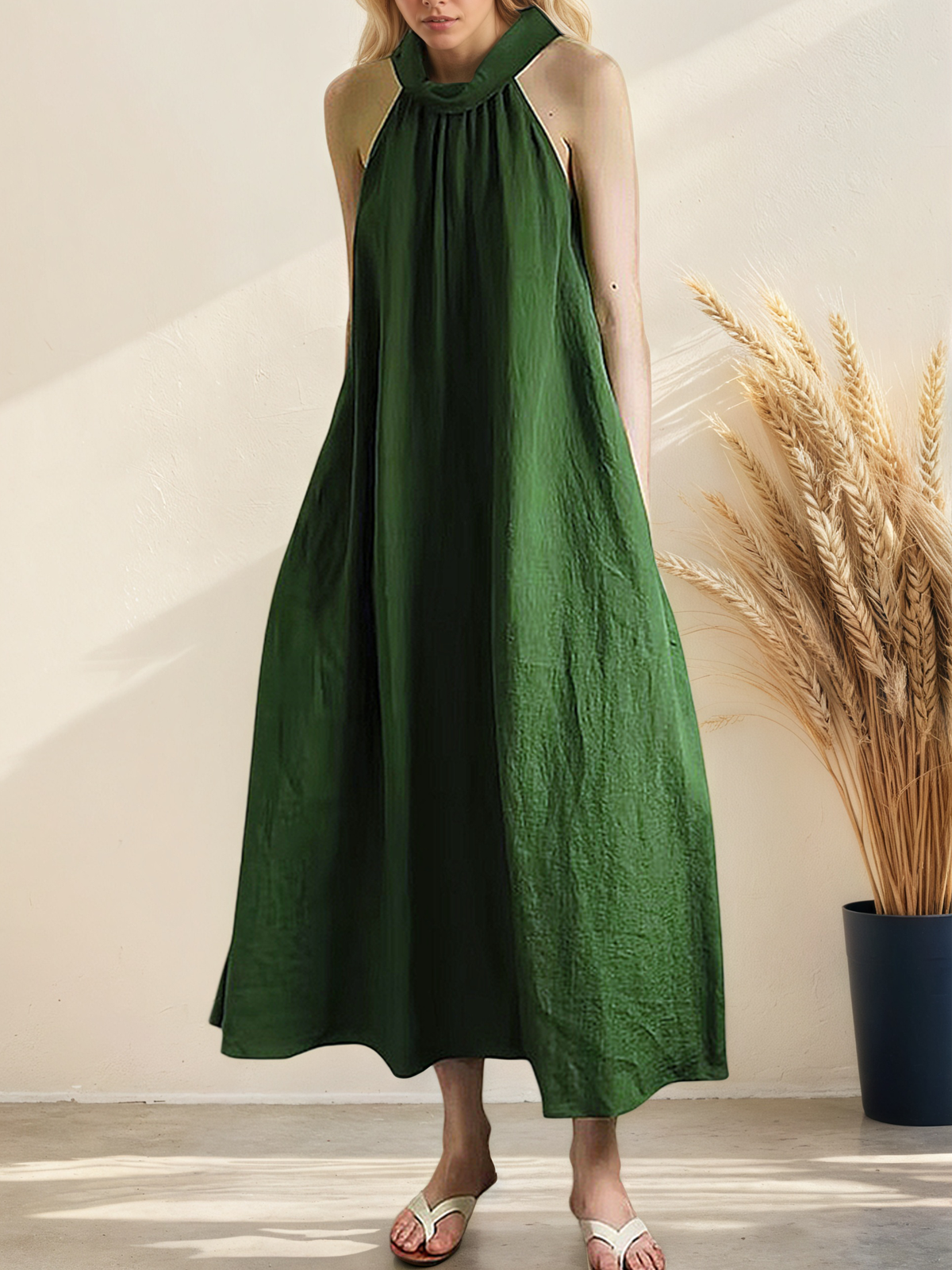 Vacation Plain linen-cotton Halter Maxi Dress