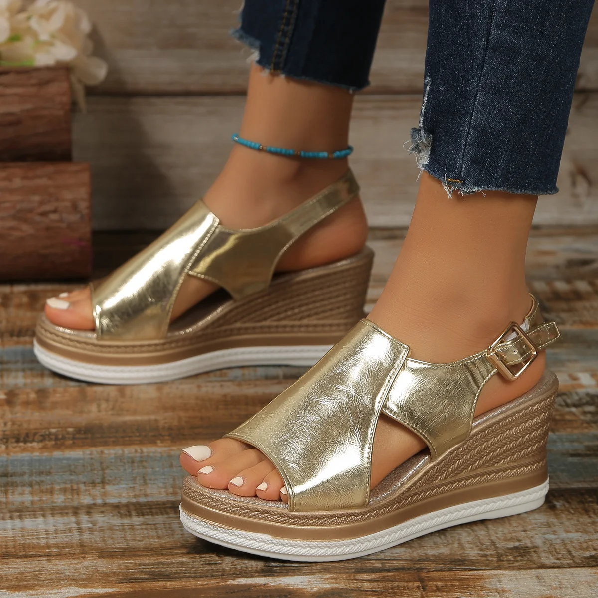 Large size hollow fish mouth gold/silver wedge heel sandals for women 2025 new platform thick bottom bright color shiny buckle sandals