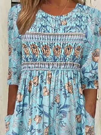 Women's Floral Print Round Neck Everyday Long Casual Shift Dress