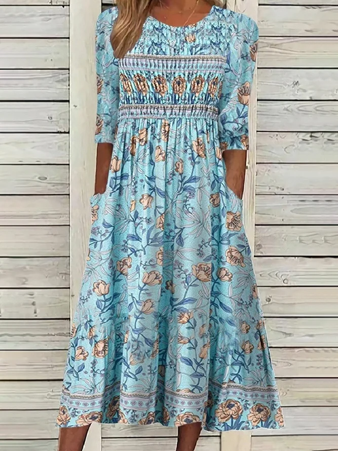 Women's Floral Print Round Neck Everyday Long Casual Shift Dress