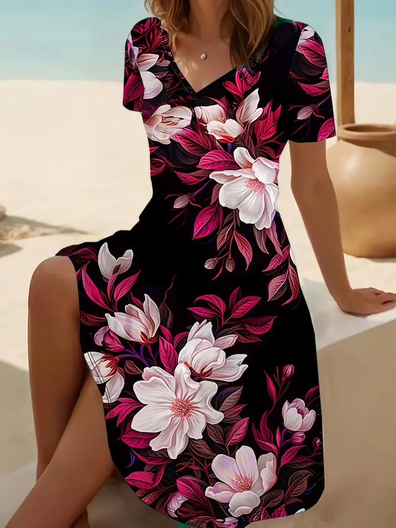V Neck Casual Cotton Floral Dress With No