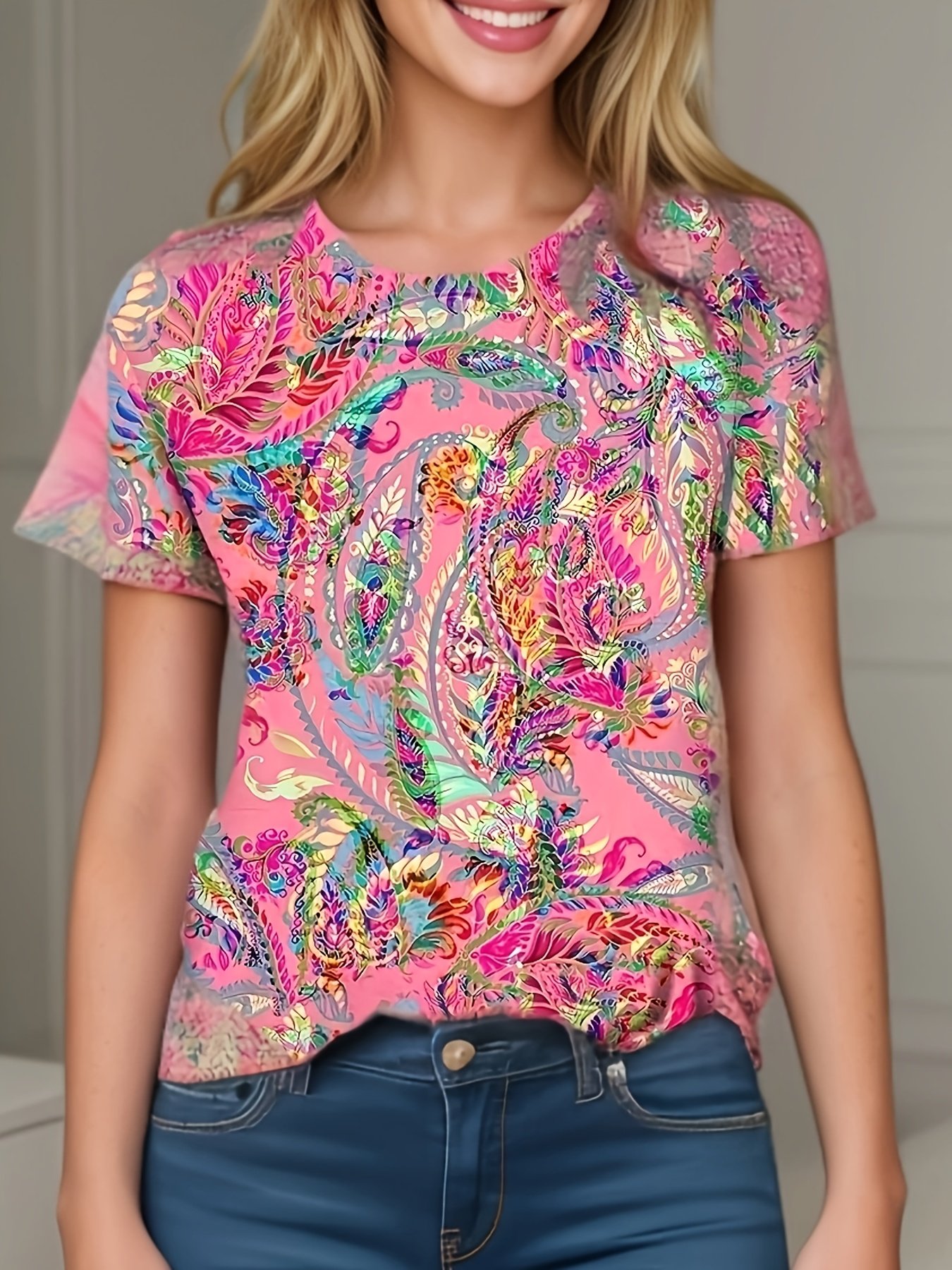 Crew Neck Paisley Casual Loose T-Shirt