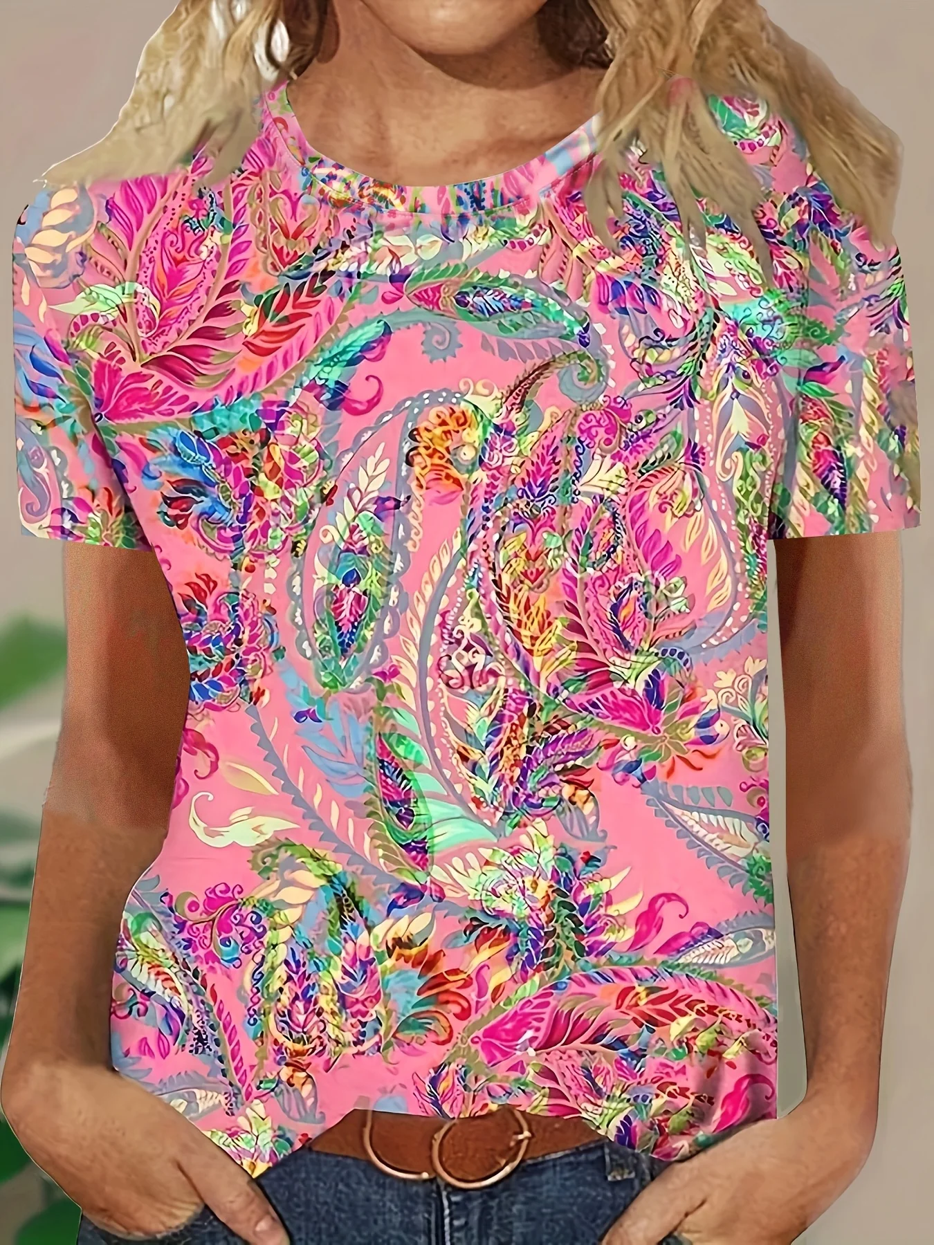 Crew Neck Paisley Casual Loose T-Shirt