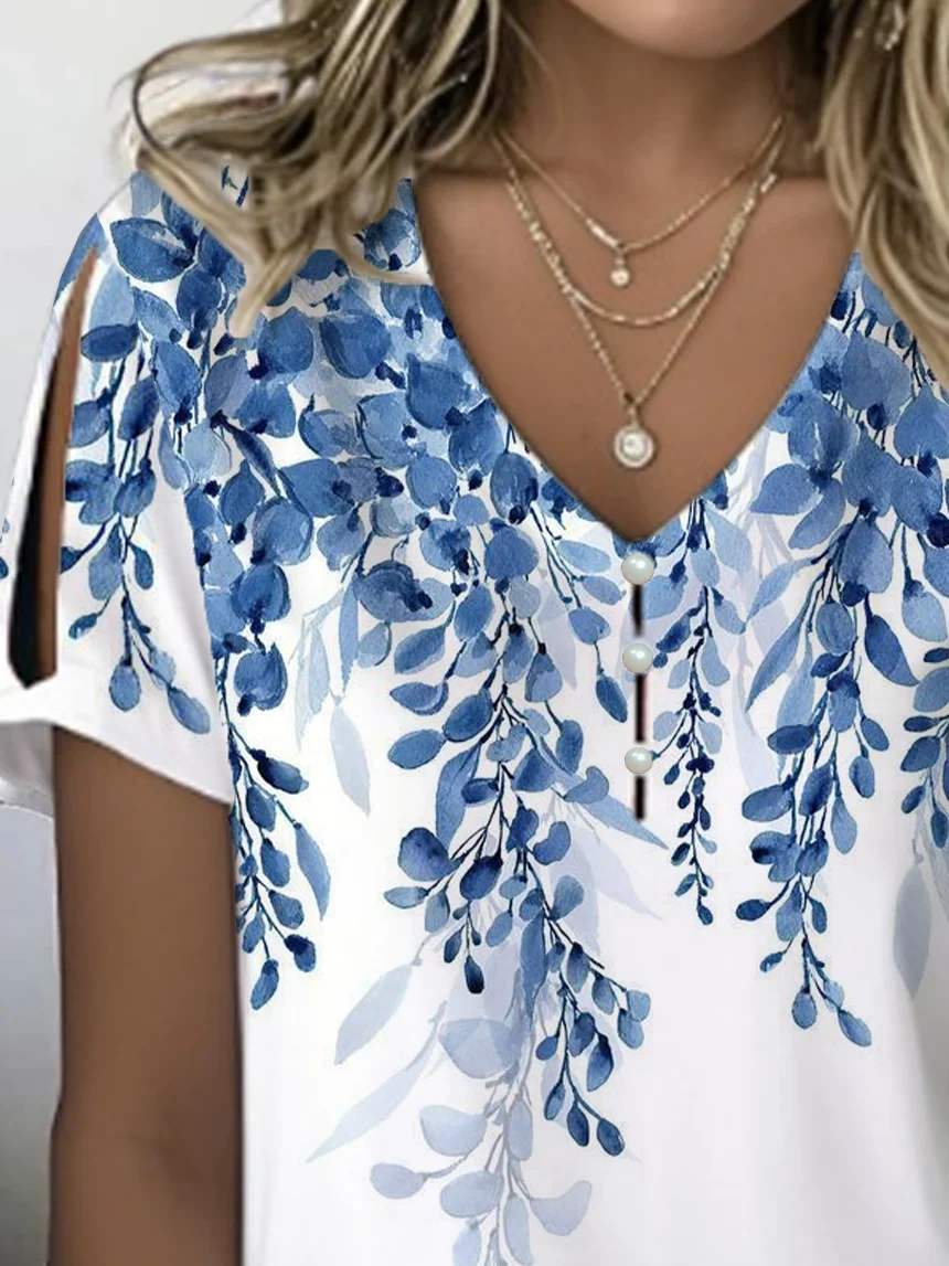 Women's Floral Print Pearl Button V-Neck Short Sleeve T-Shirt