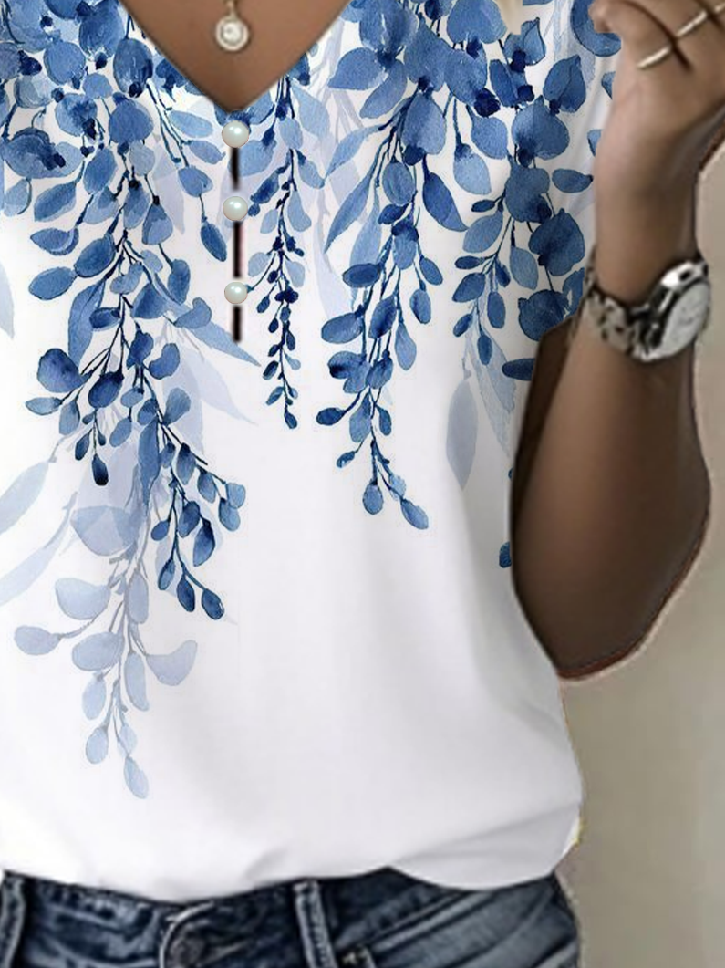 Women's Floral Print Pearl Button V-Neck Short Sleeve T-Shirt