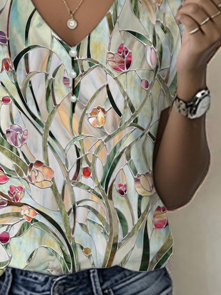 Women's Floral Print Pearl Button V-Neck Short Sleeve T-Shirt