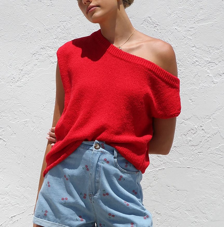Women's knitwear Y2K summer knit sweater curved beaded ice silk fabric knitted pullover oblique shoulder round neck top