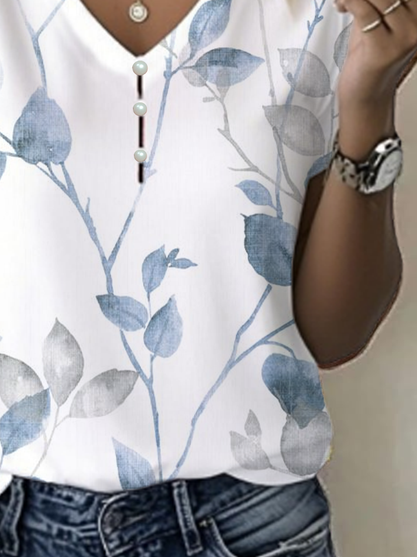 Women's Floral Print Pearl Button V-Neck Short Sleeve T-Shirt