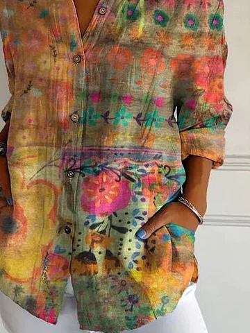 Women's Long Sleeve Shirt Spring/Fall As Picture Floral Buckle Shirt Collar Daily Going Out Casual Top