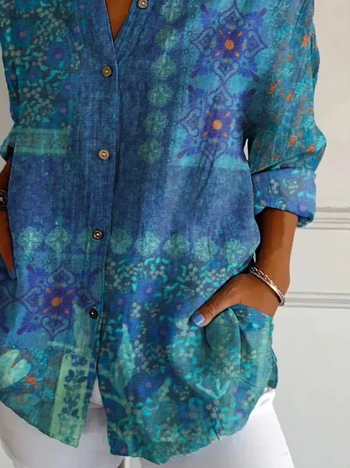 Women's Long Sleeve Shirt Spring/Fall Blue Floral Buckle Shirt Collar Daily Going Out Casual Top