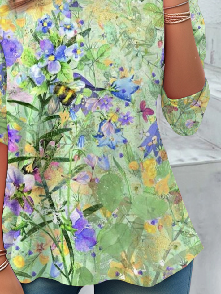 Women's Floral Print Casual Crew Neck Tunic T-Shirt