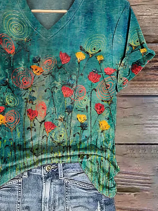 Women's Floral Print V-Neck Short Sleeve T-Shirt