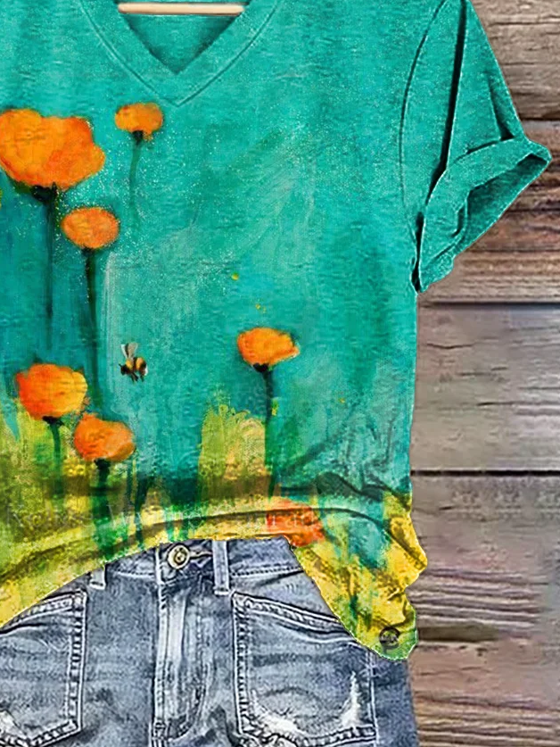 Women's Floral Print V-Neck Short Sleeve T-Shirt